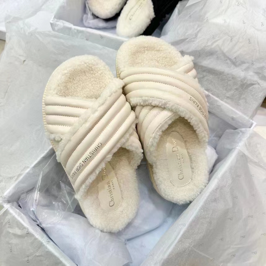 Dior Unisex CD D-Cross Slide Powder Beige Lambskin White Shearling