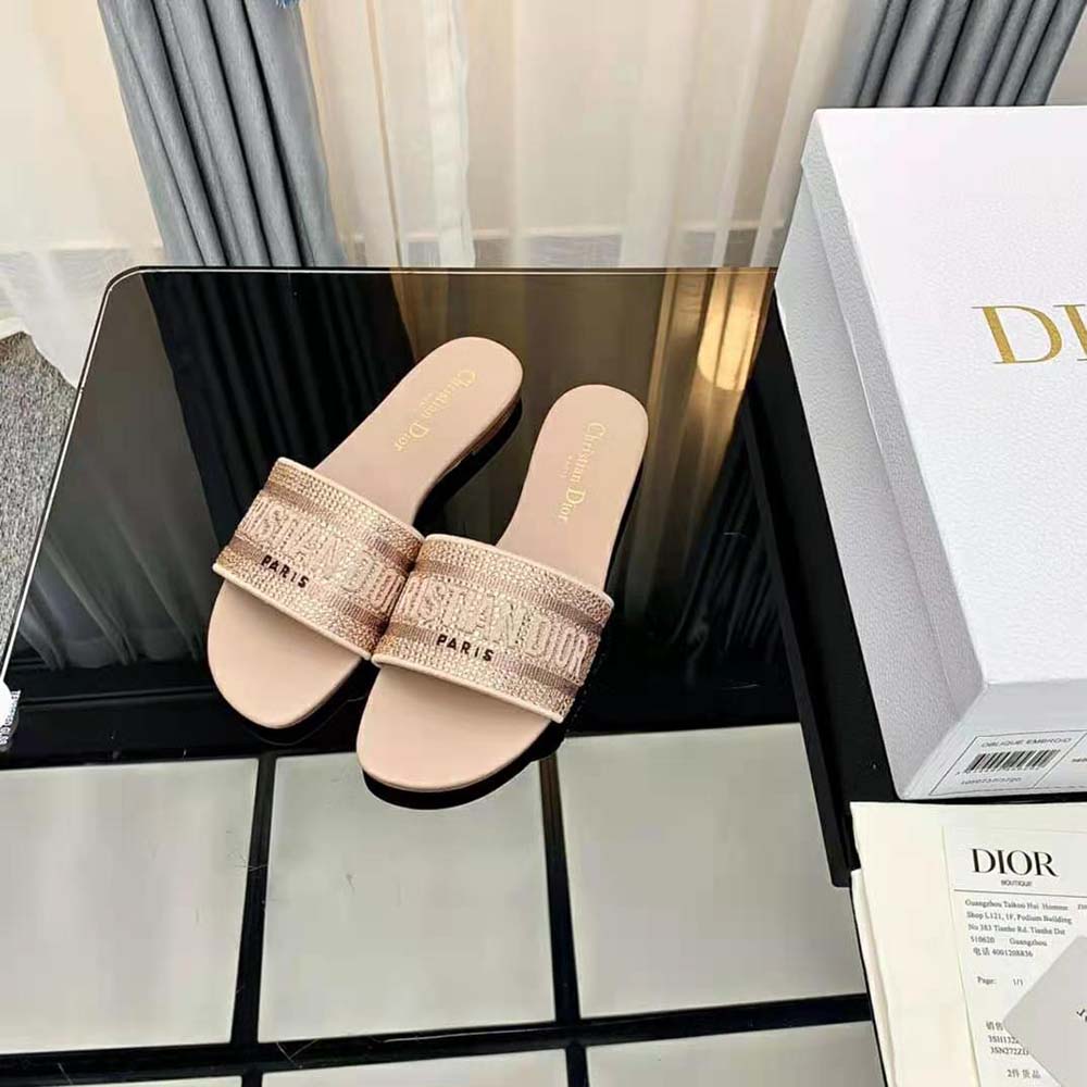 Dior Women Dway Slide Rose Des Vents Cotton Embroidered with Metallic Thread and Strass
