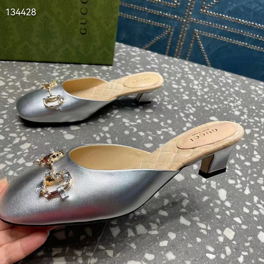 Gucci Women GG Horsebit Mule Silver Metallic Leather Crystals Leather Sole Low-Heel