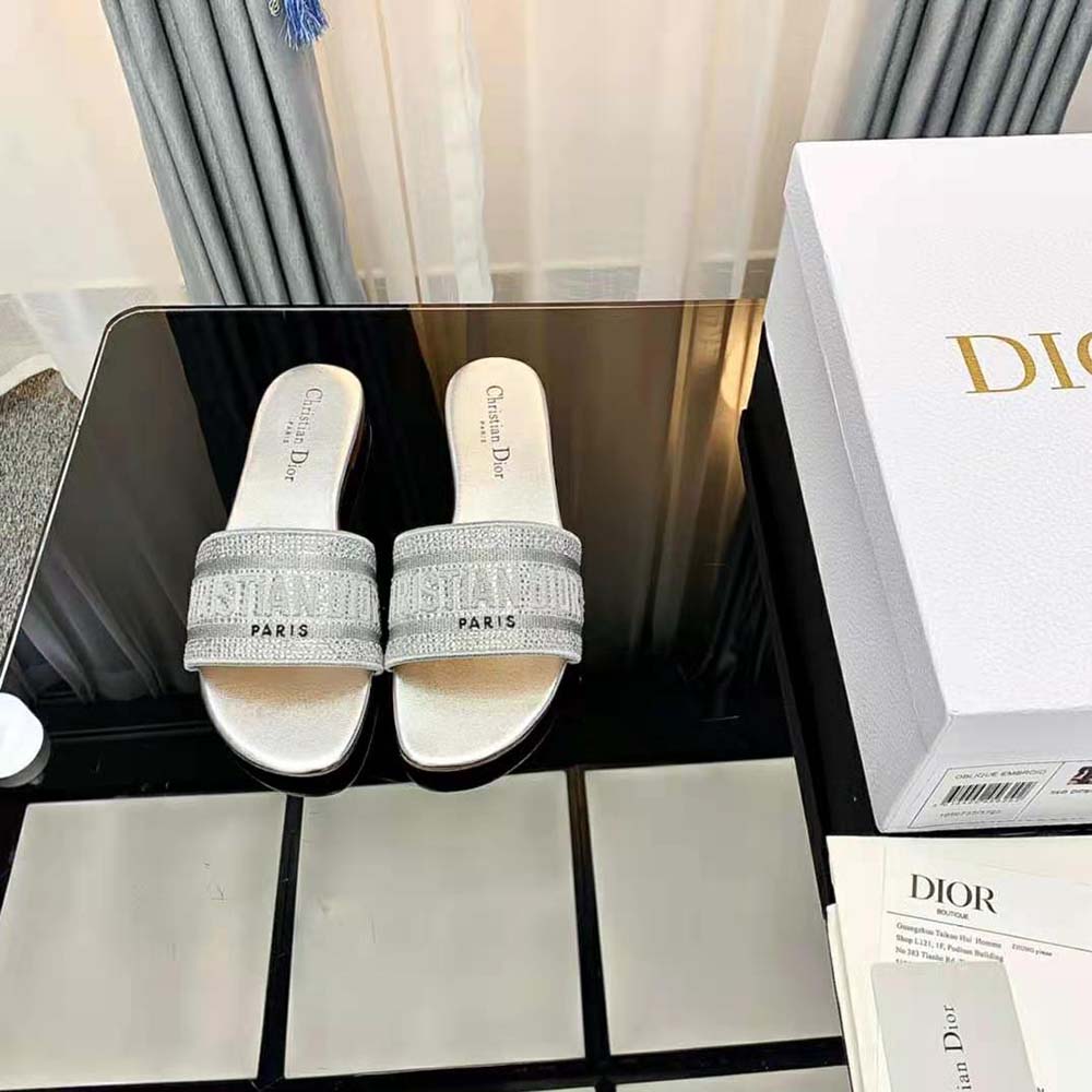 Dior Women Dway Slide Cotton Metallic Thread Embroidery and Silver-Tone Strass