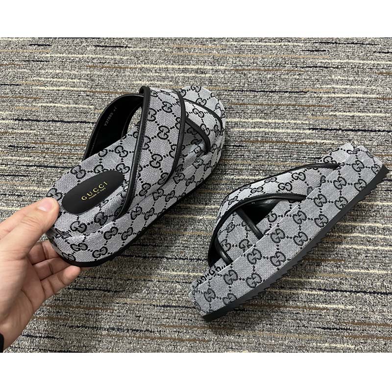 Gucci Women Platform Slide Sandal Beige Blue Original GG Canvas Rubber Sole Low Heel