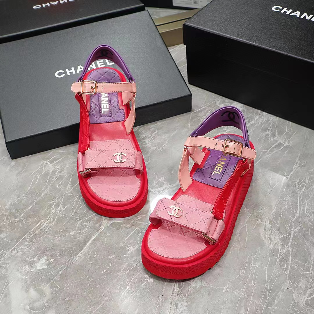 Chanel Women Open Toe Sandal in Calfskin Leather Purple Pink