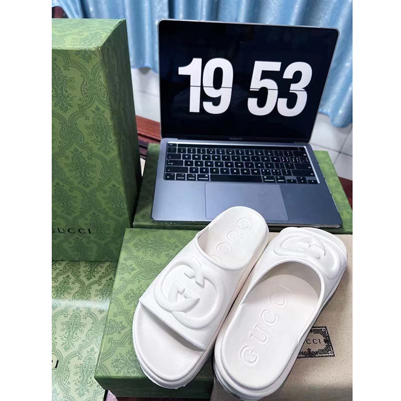 Gucci Women GG Slide Sandal Interlocking G Off White Rubber Low Heel
