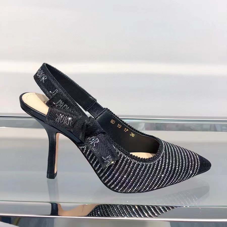 Dior Women CD J’Adior Slingback Pump Black Cotton Embroidered Silver-Tone Strass
