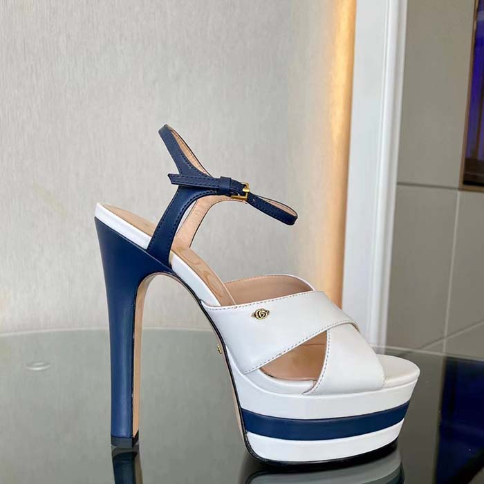 Gucci Women GG Platform Sandal Off White Blue Navy Leather High 13 CM Heel