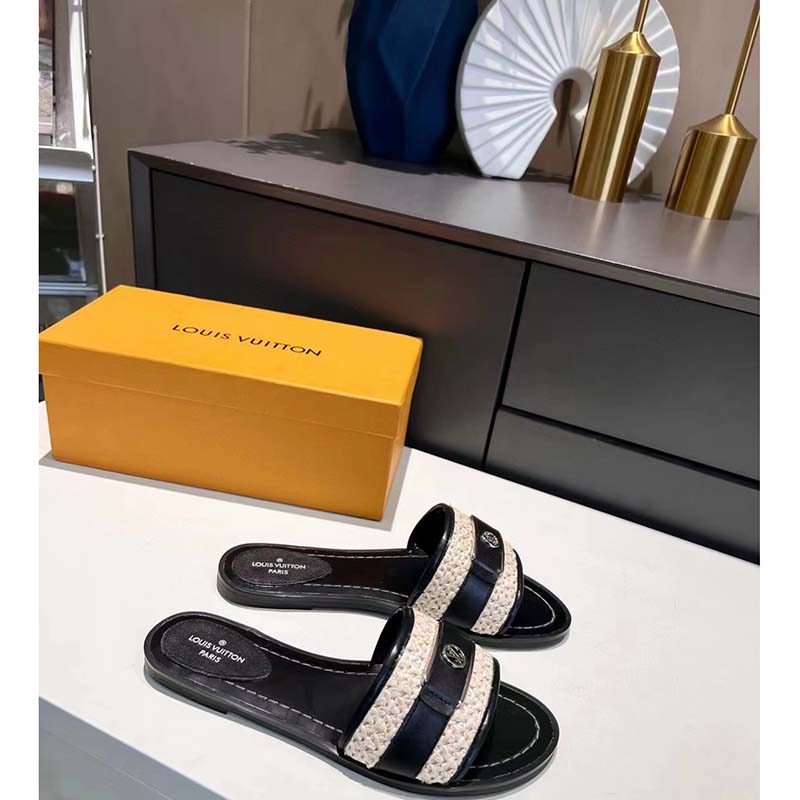 Louis Vuitton LV Women Lock It Flat Mule Black Raffia Calf Leather