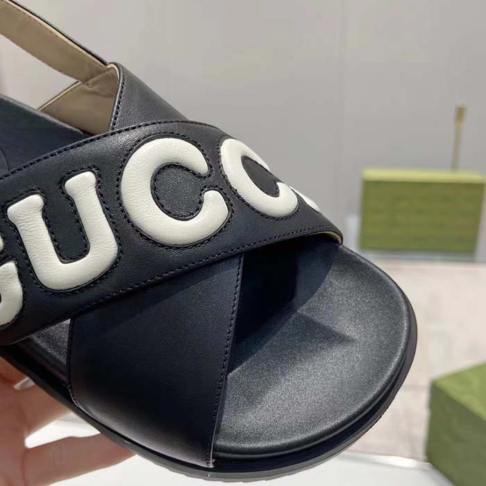Gucci Unisex GG Sandal Black White Leather Script Rubber Buckle Flat