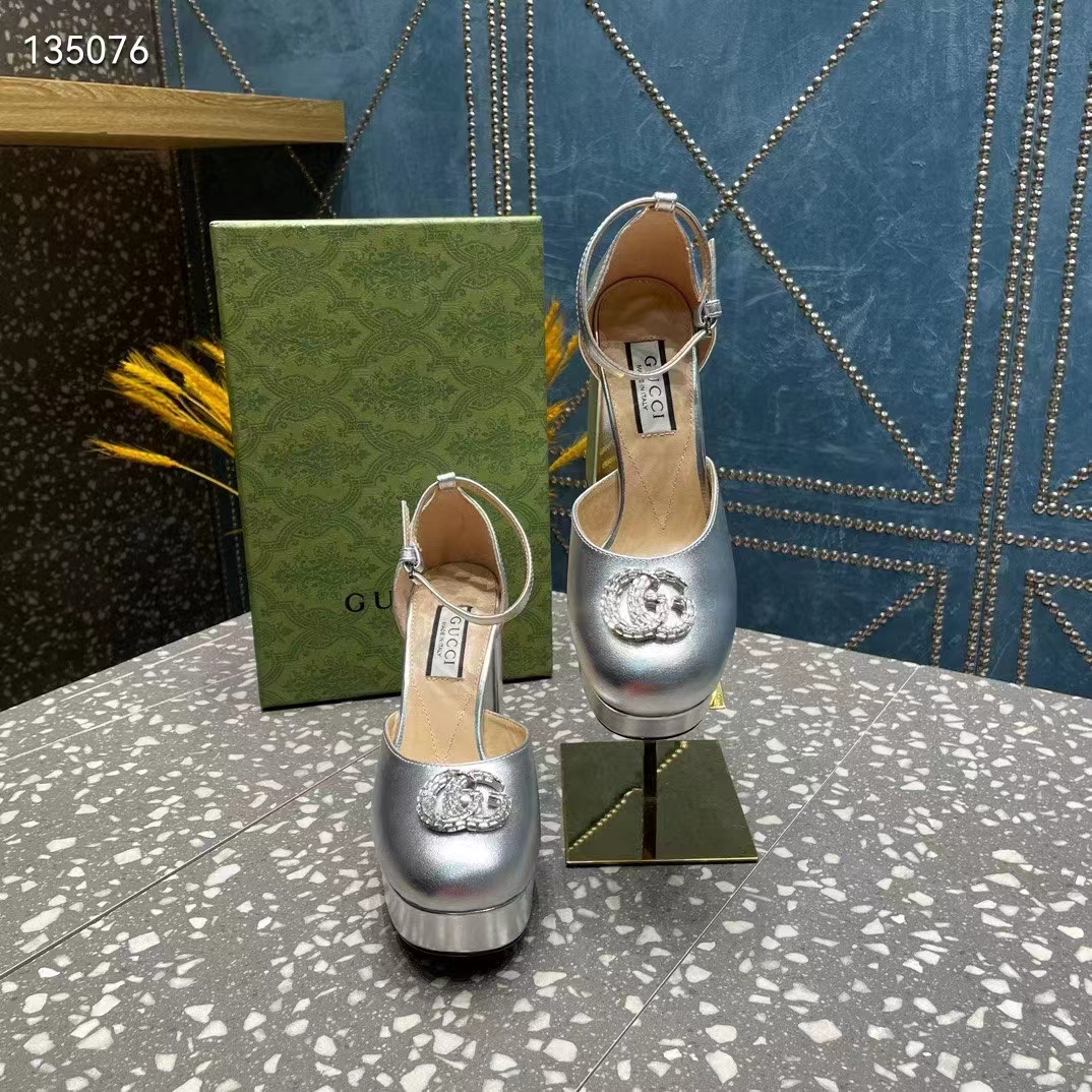 Gucci Women GG Platform Pump Double G Metallic Silver Patent Leather Crystals High Heel