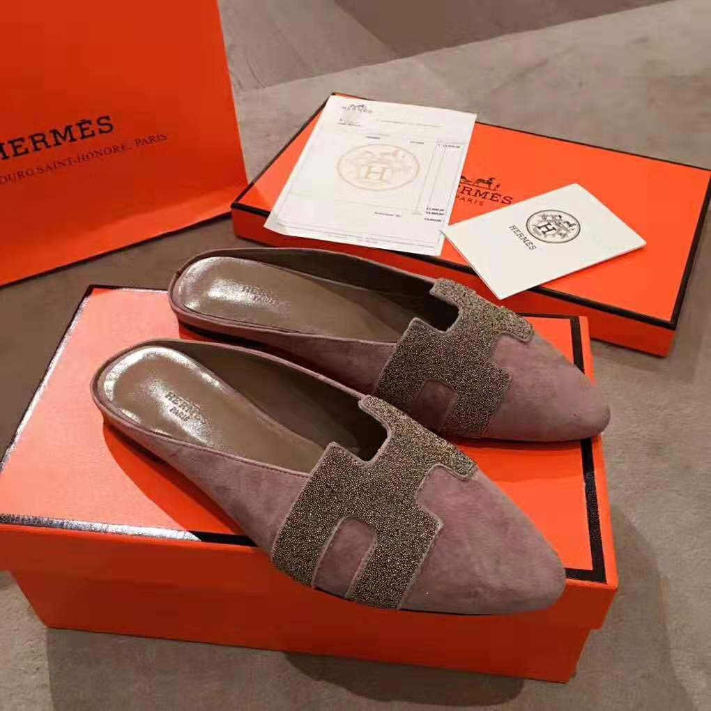 Hermes Women Roxane Mule in Suede Goatskin with Crystal-Rose