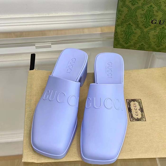 Gucci Women GG Slip-On Sandal Pastel Blue Rubber Embossed Logo Square Toe Chevron