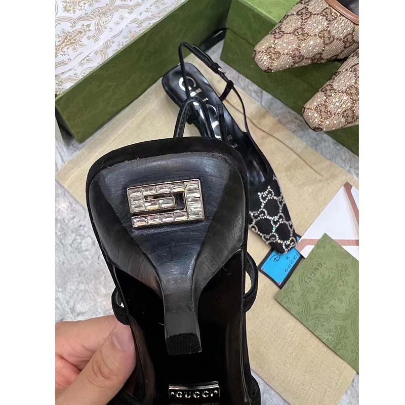 Gucci Women GG Slingback Pump Black Mesh GG Crystals Low 4 cm Heel