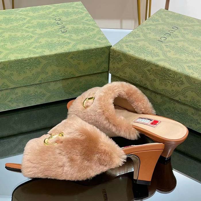 Gucci GG Women’s Mid-Heel Slide Sandal Brown Fabric Horsebit 5.6 Cm Heel