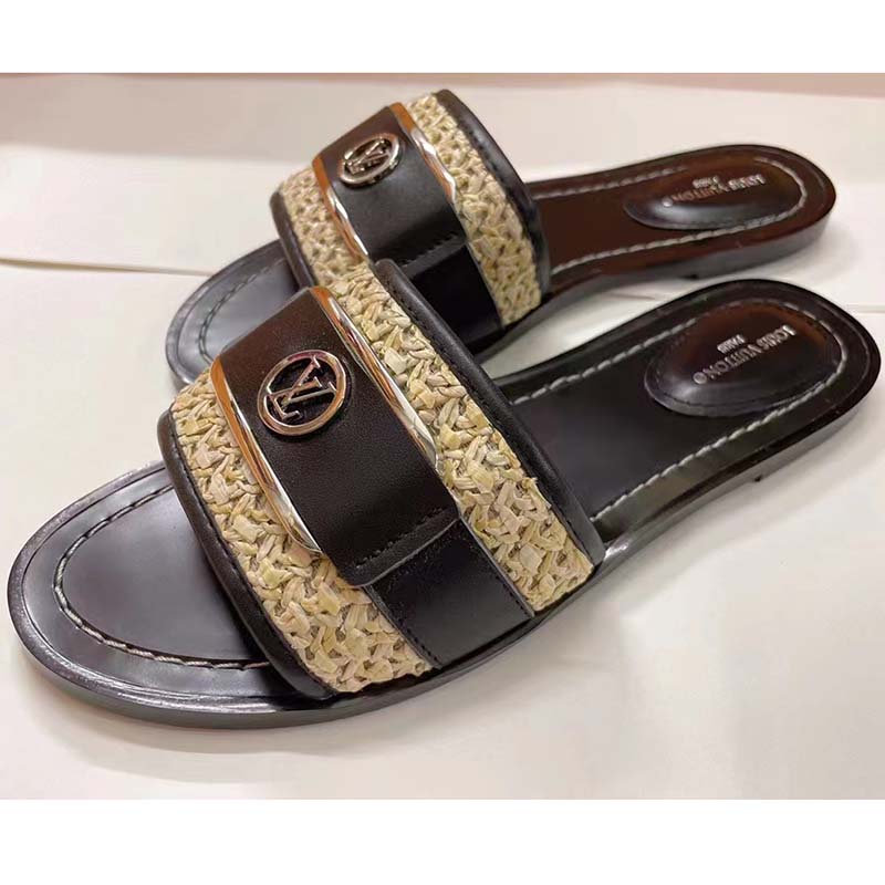 Louis Vuitton LV Women Lock It Flat Mule Black Raffia Calf Leather