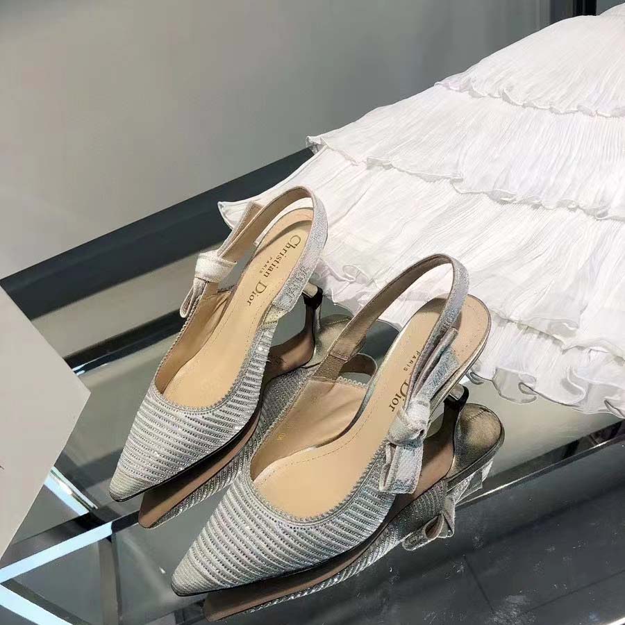 Dior Women CD J’Adior Slingback Pump White Cotton Embroidered Silver-Tone Strass