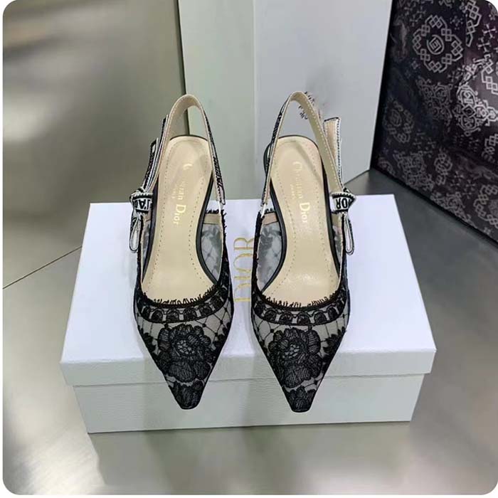Dior Women Shoes J’Adior Slingback Pump Black Transparent Mesh Embroidered Roses