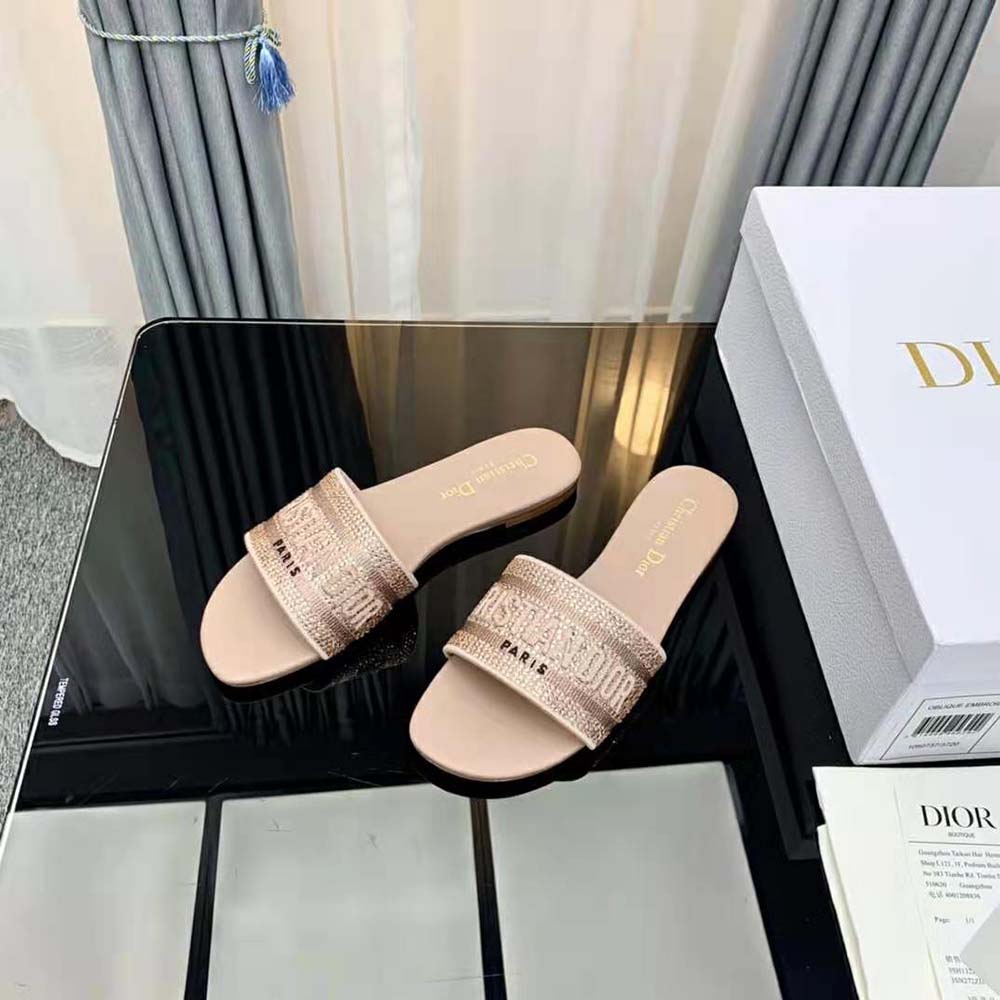Dior Women Dway Slide Rose Des Vents Cotton Embroidered with Metallic Thread and Strass