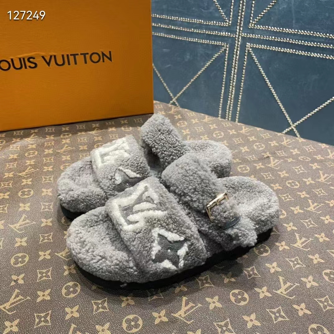 Louis Vuitton LV Unisex Paseo Flat Comfort Mule Grey Shearling Monogram Flowers