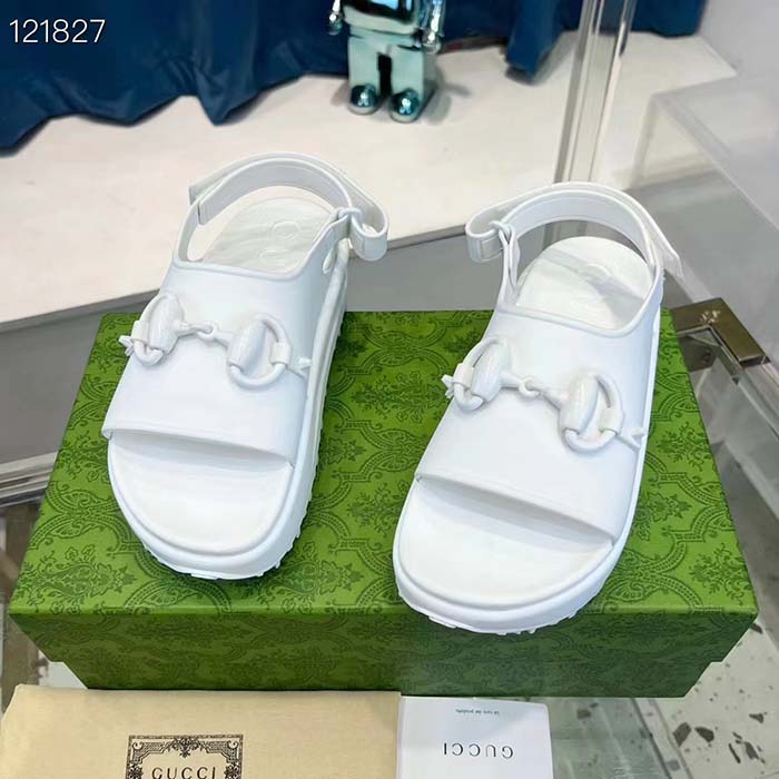 Gucci Women GG Horsebit Platform Sandal White Rubber Velcro Strap Closure