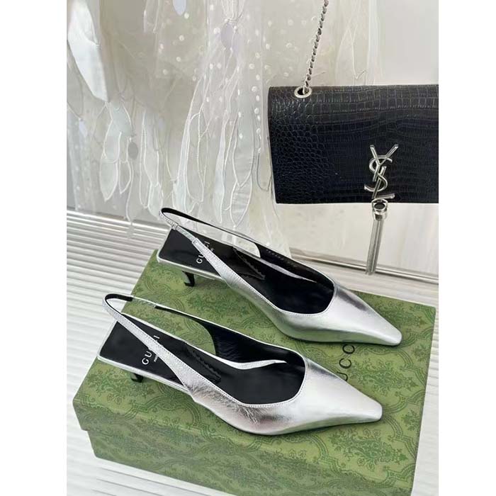 Gucci Women GG Slingback Pump Metallic Silver Leather Interlocking G Square Upper Mid-Heel