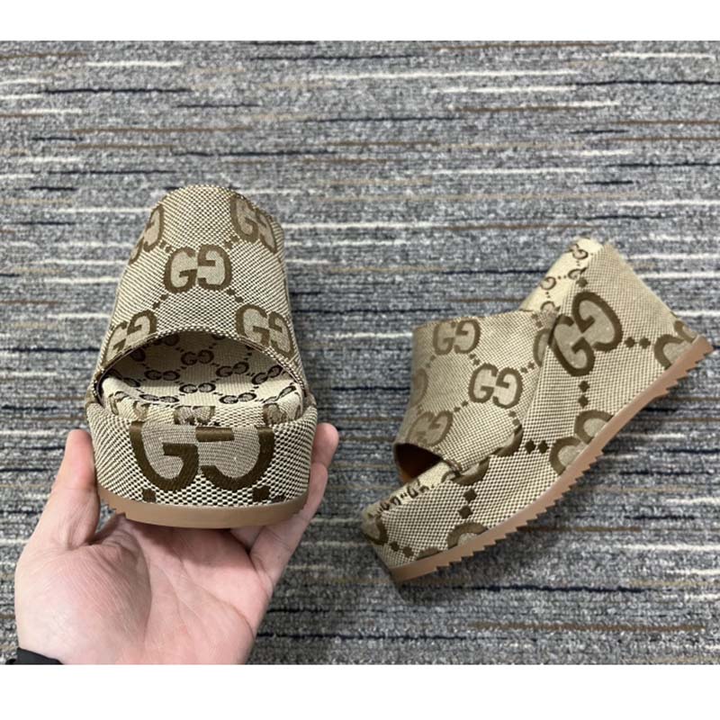 Gucci Women Platform Slide Sandal Camel Ebony Maxi GG Canvas High Heel 10 Cm
