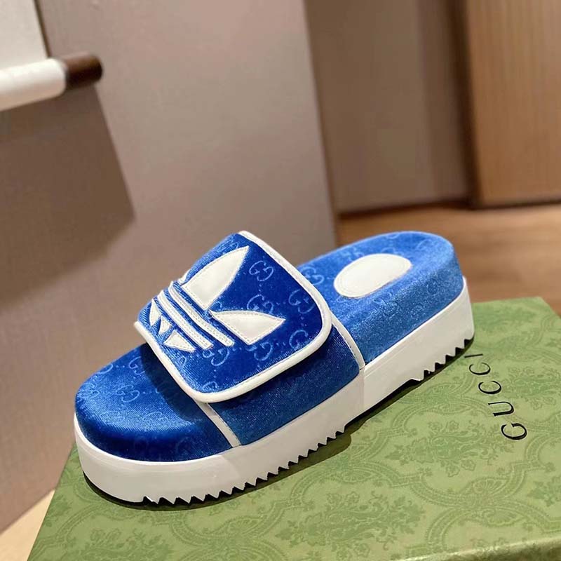 Gucci Unisex Adidas x Gucci GG Platform Sandal Blue GG Cotton Sponge