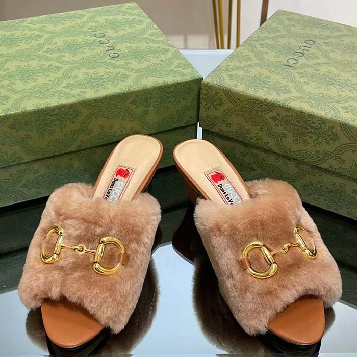 Gucci GG Women’s Mid-Heel Slide Sandal Brown Fabric Horsebit 5.6 Cm Heel