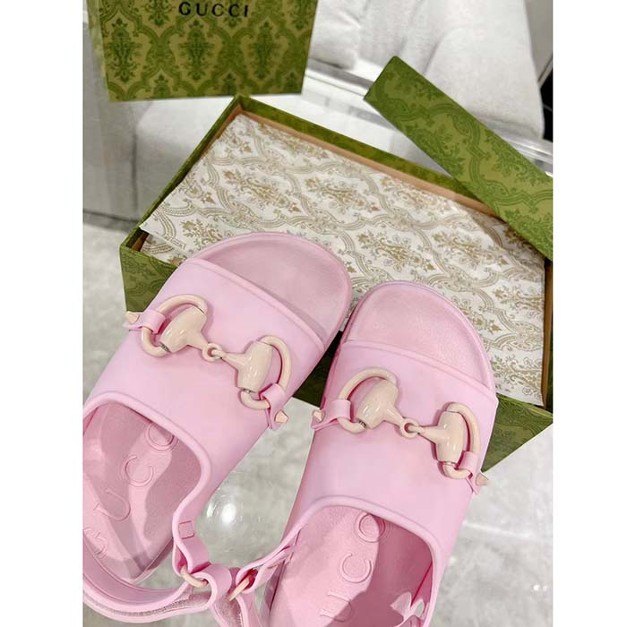 Gucci Women GG Horsebit Flatform Sandal Light Pink Rubber Plastic Horsebit