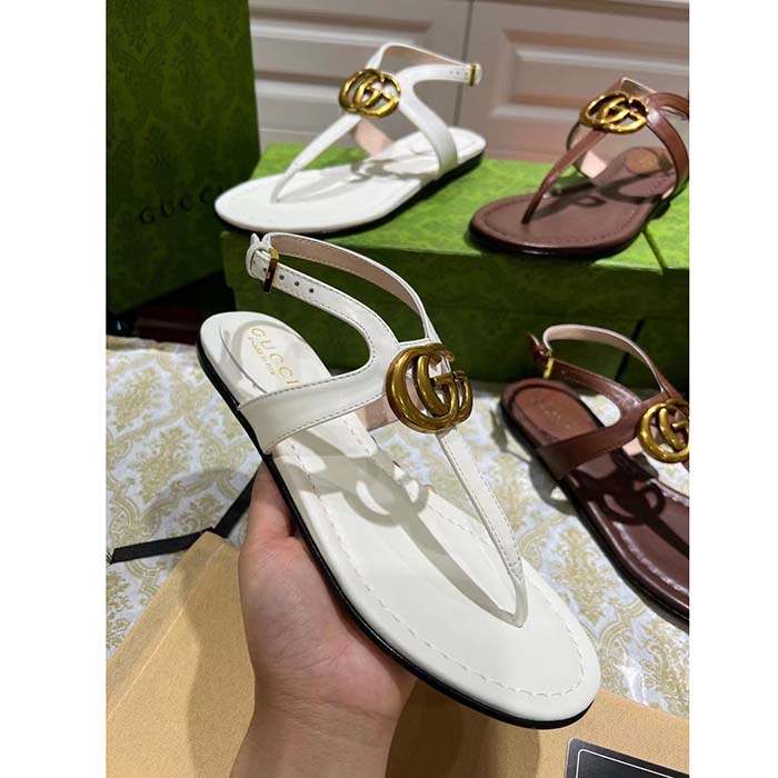 Gucci Women GG Double G Thong Sandal White Leather Flat 0.5 CM Heel