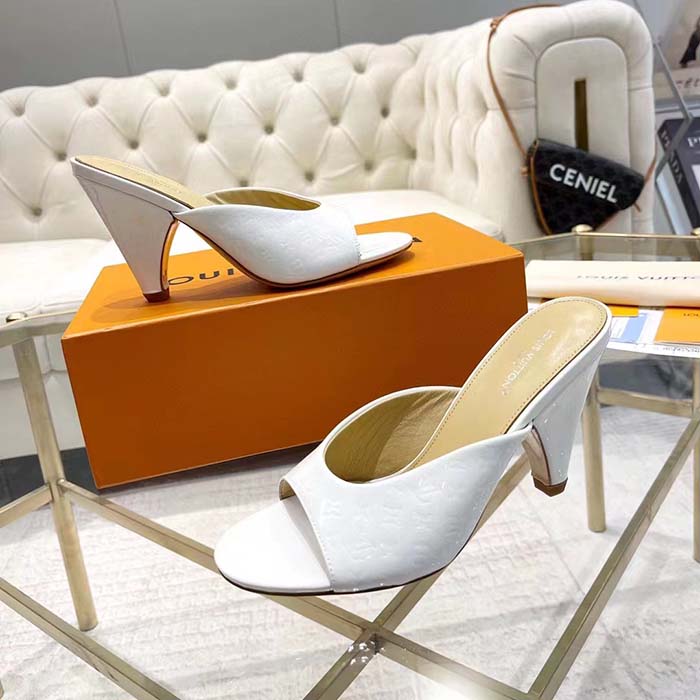 Louis Vuitton LV Women Super Mule White Monogram-Debossed Patent Calf Leather 10 CM Heel
