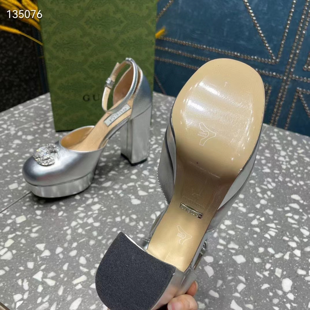 Gucci Women GG Platform Pump Double G Metallic Silver Patent Leather Crystals High Heel