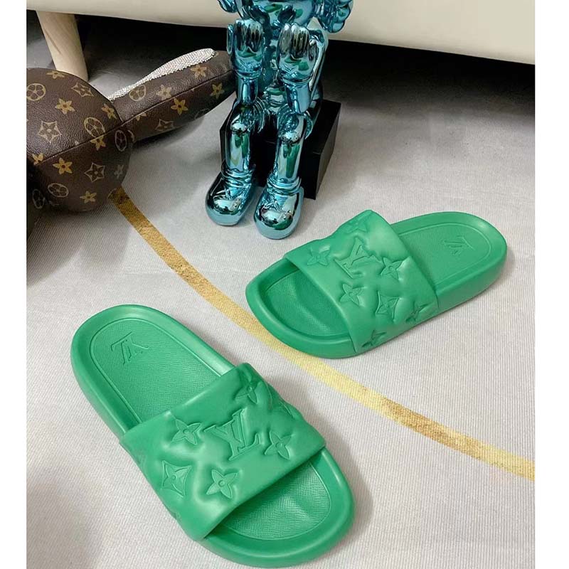 Louis Vuitton LV Unisex Waterfront Mule Green Monogram Embossed Rubber Waterproof