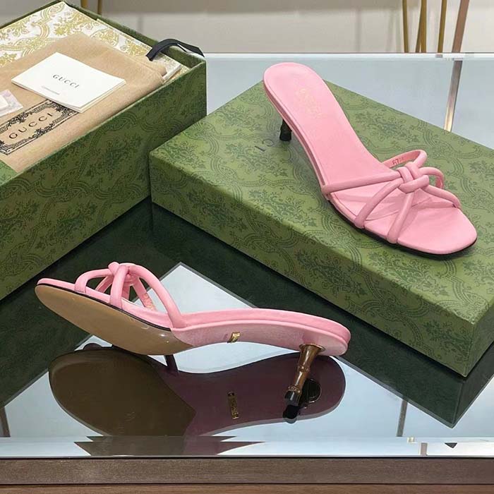 Gucci Women GG Slide Sandal Bamboo Pink Leather Bamboo Low Heel