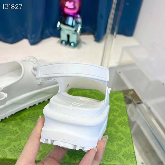 Gucci Women GG Horsebit Platform Sandal White Rubber Velcro Strap Closure