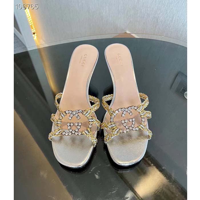 Gucci Women GG Nojum Slide Sandal Metallic Platinum Silver Braided Leather Mid-Heel