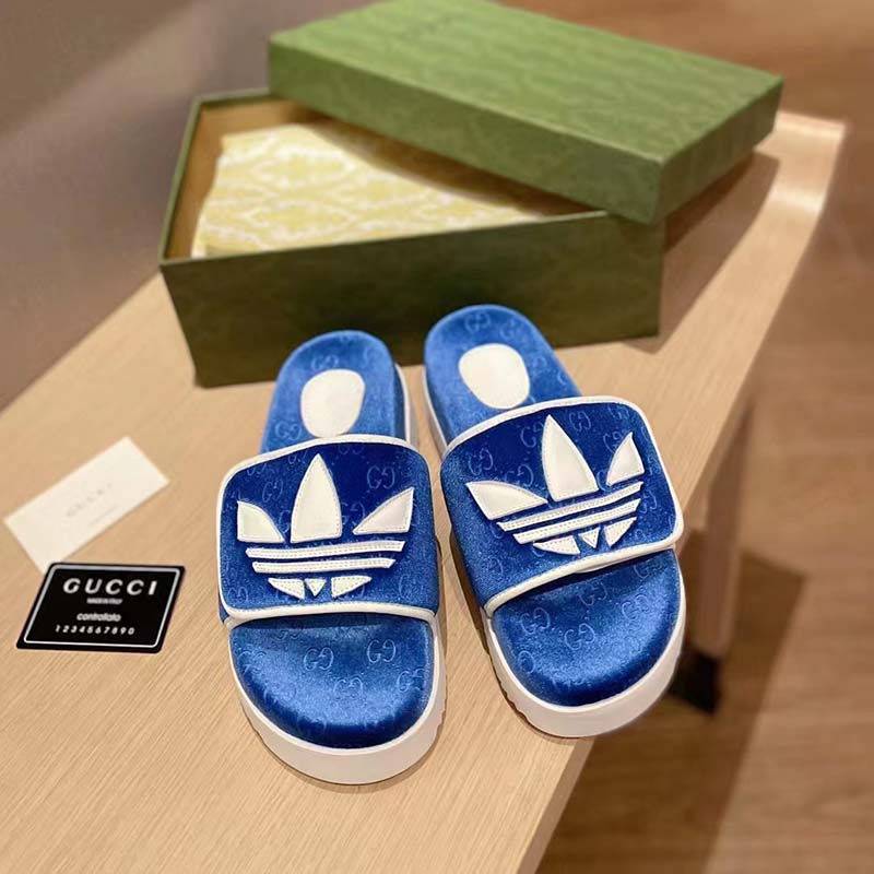Gucci Unisex Adidas x Gucci GG Platform Sandal Blue GG Cotton Sponge