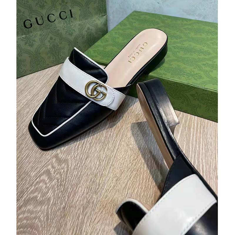 Gucci Women GG Slipper Double G Black Leather Matelassé Chevron Insert