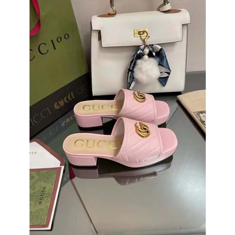 Gucci Women Double G Slide Sandal Rose Pink Chevron Matelassé Leather Mid-Heel