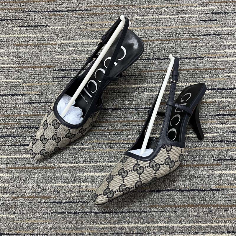Gucci Women Slingback Pump Beige Blue GG Supreme Canvas Low 3 cm Heel