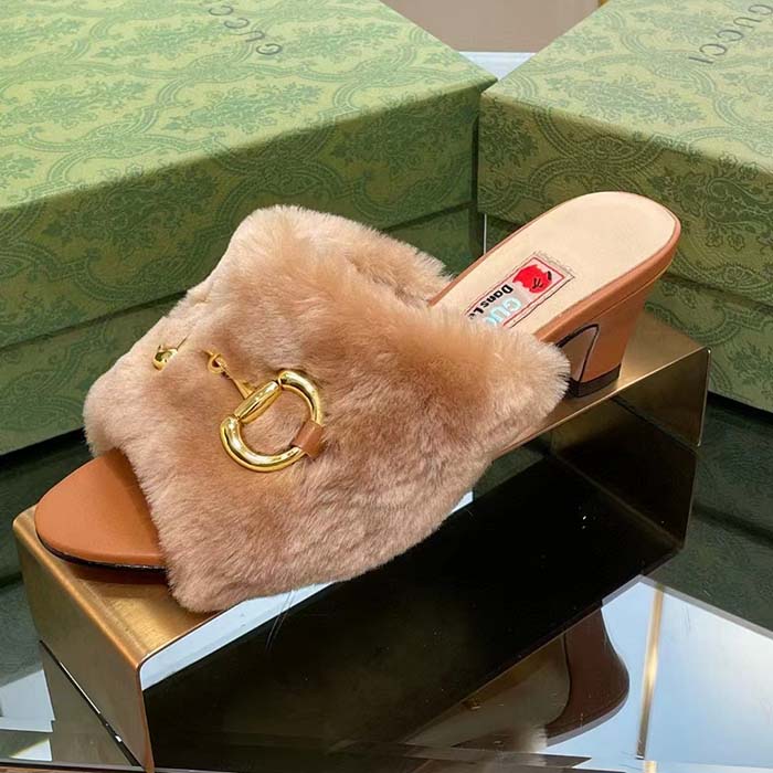 Gucci GG Women’s Mid-Heel Slide Sandal Brown Fabric Horsebit 5.6 Cm Heel
