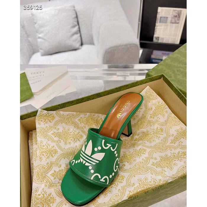 Gucci Women Adidas x Gucci Slide Sandal GG Trefoil Suede Green Leather