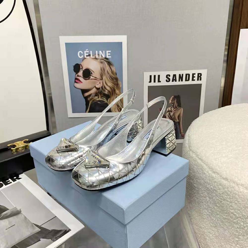 Prada Women Metallic Leather Slingback Pumps in 45mm Heel Height-Silver