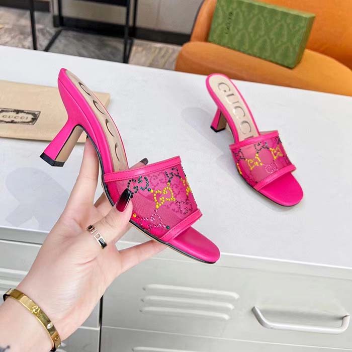 Gucci Women GG Mid Heel Slide Sandal Fuchsia GG Crystal Mesh 7.4 CM Heel
