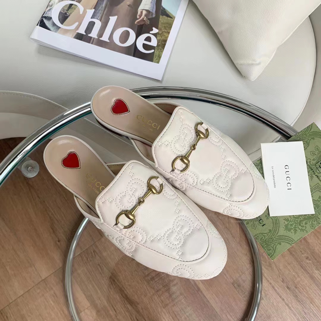 Gucci Women Maxi GG Matelassé Princetown Slipper White Horsebit Leather Sole Flat