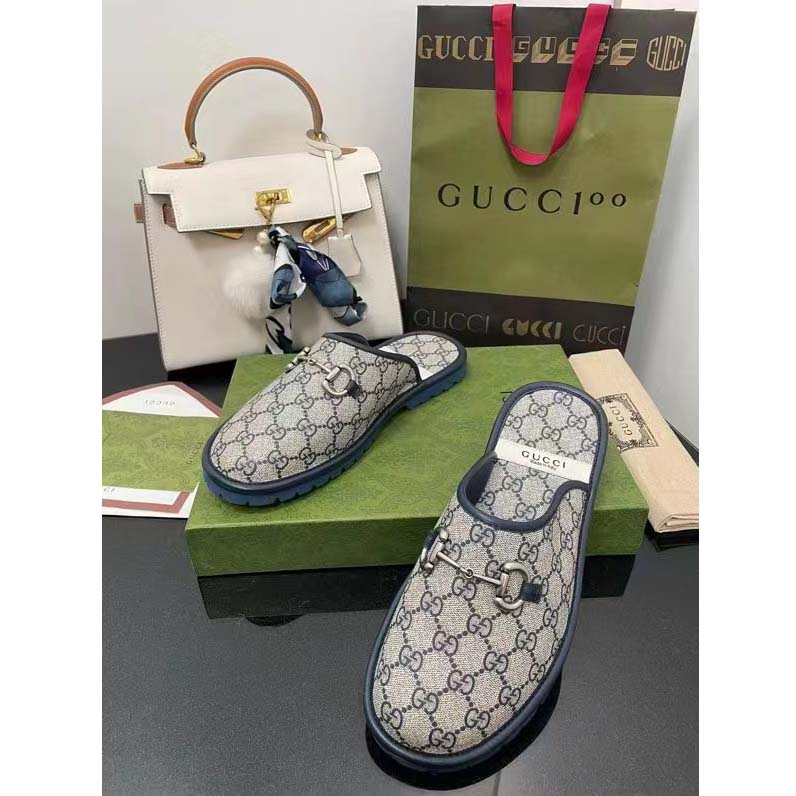 Gucci Unisex Slipper Blue Beige GG Supreme Canvas Rubber Sole Low 1 Cm Heel