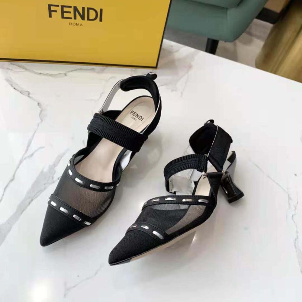 Fendi Women Colibri Black Mesh Medium-Heel Slingbacks with Metal Stitches