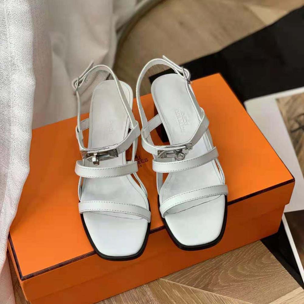 Hermes Women Eve 60 Sandal in Calfskin Leather-White