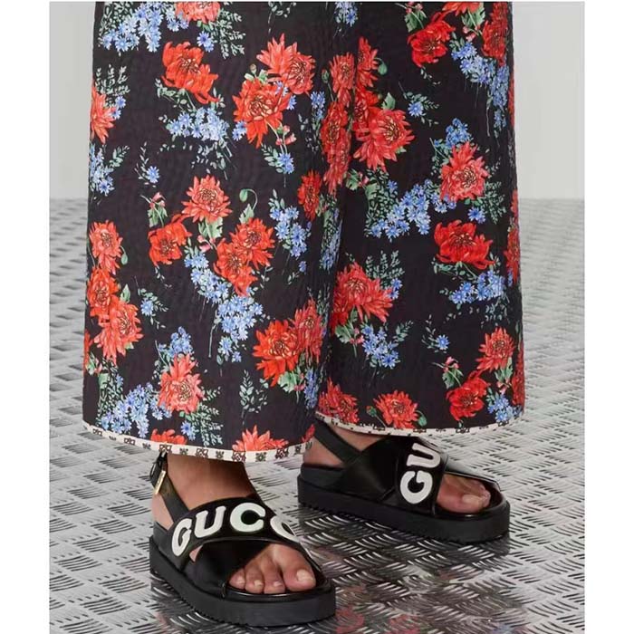 Gucci Unisex GG Sandal Black White Leather Script Rubber Buckle Flat