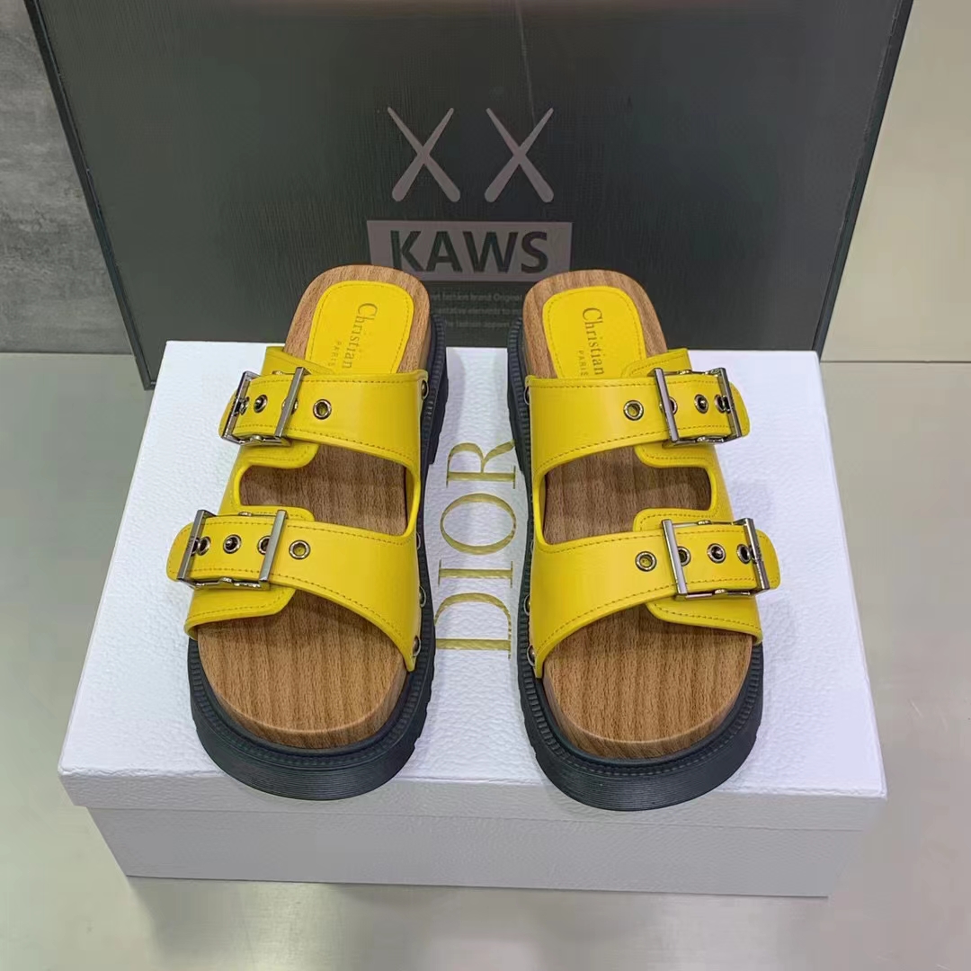 Dior Women Shoes CD Diorquake Strap Sandal Yellow Calfskin Wooden Insole