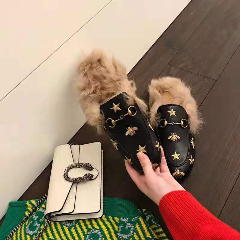 Gucci Unisex Princetown Embroidered Leather Slipper with Bees and Stars in Lamb Wool-Black