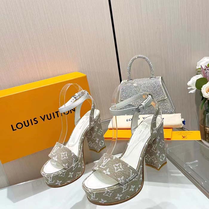 Louis Vuitton Women LV Fame Platform Sandal Beige Monogram Denim Leather 11.5 CM Heel